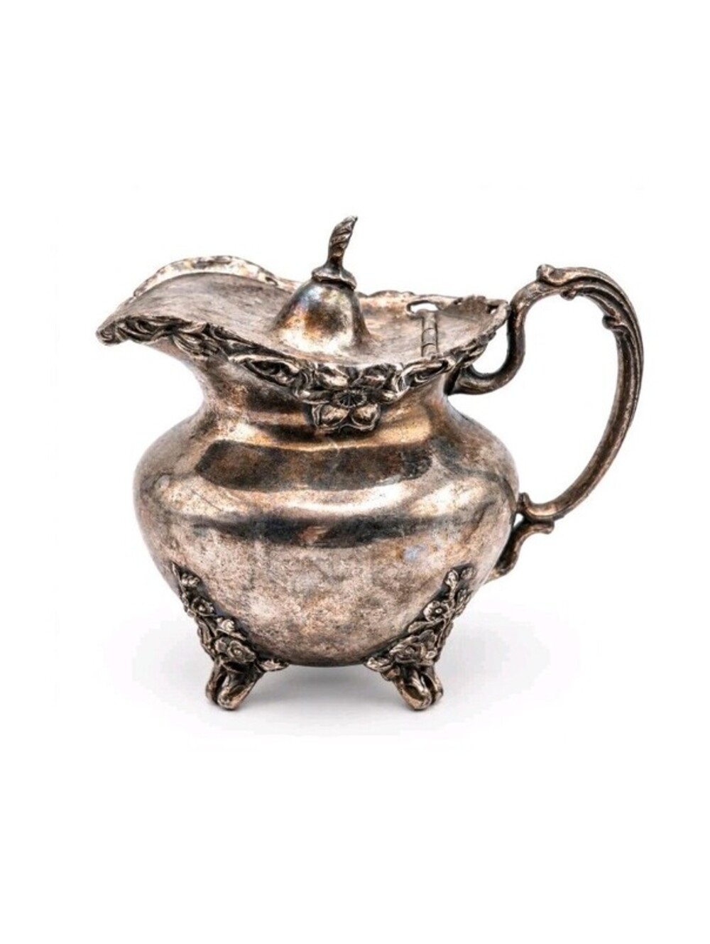 Vintage Silverplate Covered Creamer Pitcher Hinged Lid Floral Ornate Footed